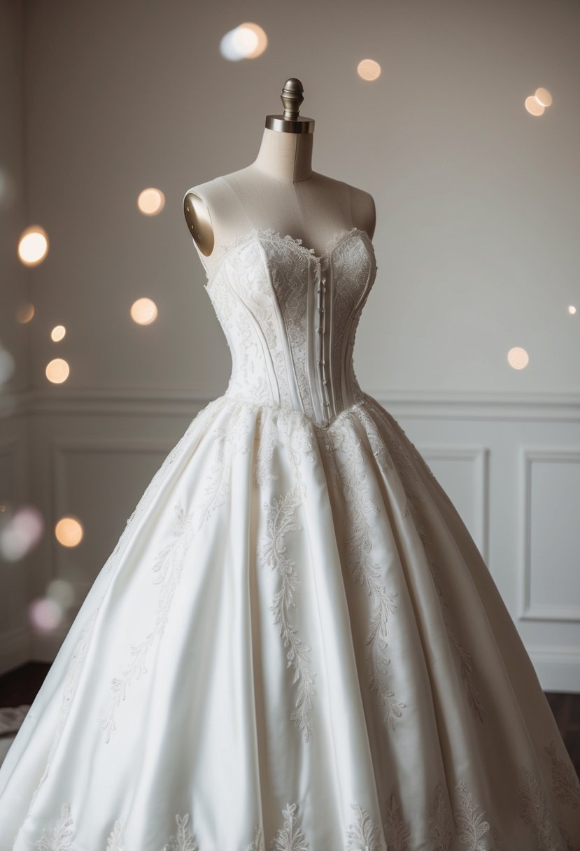 A lace-trimmed, corseted wedding gown with a full, flowing skirt and delicate floral embroidery