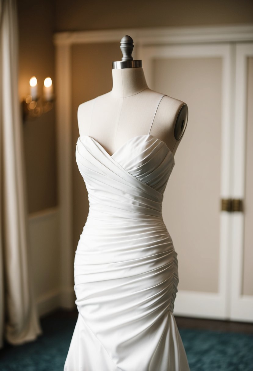 A wedding dress with a sweetheart neckline and ruching, fitted tightly around the torso, flowing down to the floor