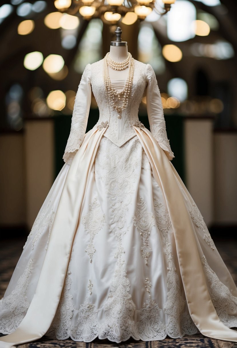 An ornate, floor-length Victorian wedding dress with intricate lace patterns and delicate embroidery, adorned with pearls and satin ribbons