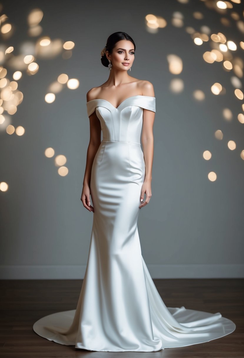 A bride stands in a sleek, off-shoulder satin gown with a tight, elegant fit, exuding sophistication and grace