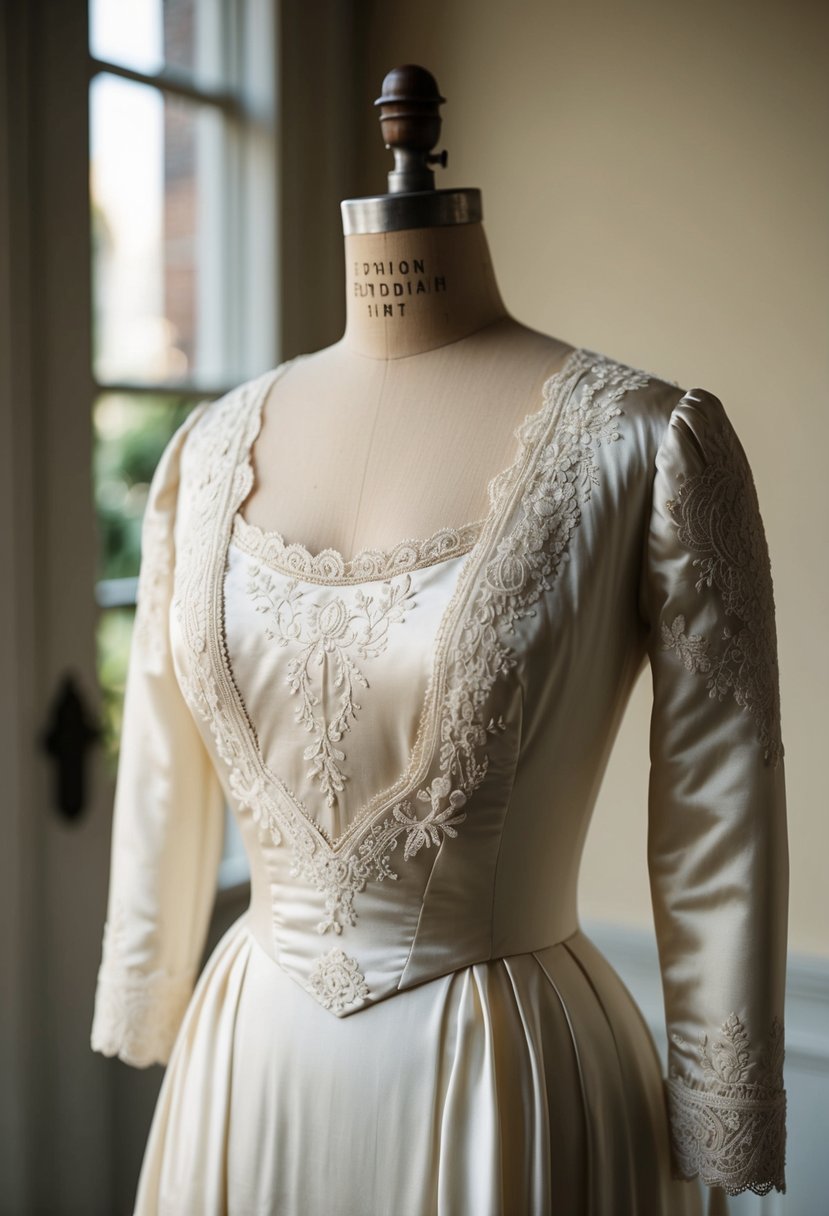 A delicate satin wedding dress from the Edwardian era, adorned with lace and intricate embroidery, displayed on a vintage mannequin