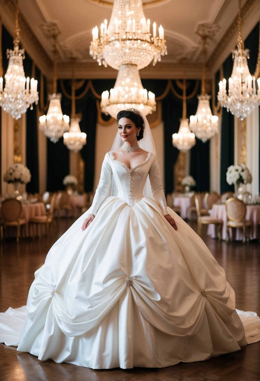 A grand ballroom with a 19th century bride in a voluminous bustle skirt wedding dress, surrounded by opulent decor and chandeliers