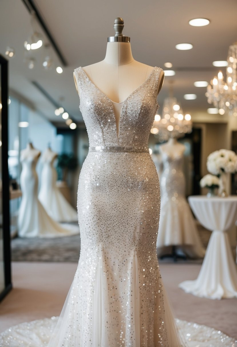 A sparkling sequined trumpet wedding dress on a mannequin in a luxurious bridal boutique