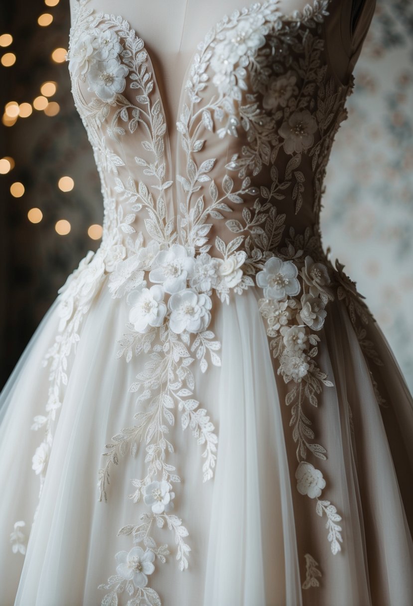 A delicate, tight-fitted wedding dress adorned with intricate floral appliques, cascading down the bodice and skirt