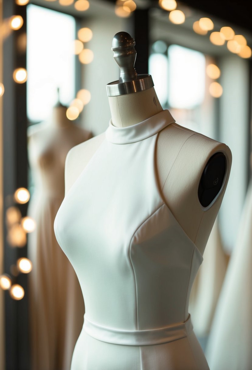 A sleek, halter neck fit wedding dress on a mannequin