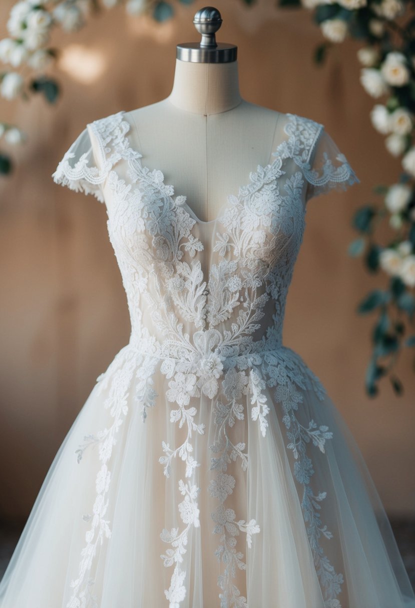 A delicate lace wedding dress adorned with intricate floral embroidery cascading down the bodice and flowing onto the skirt