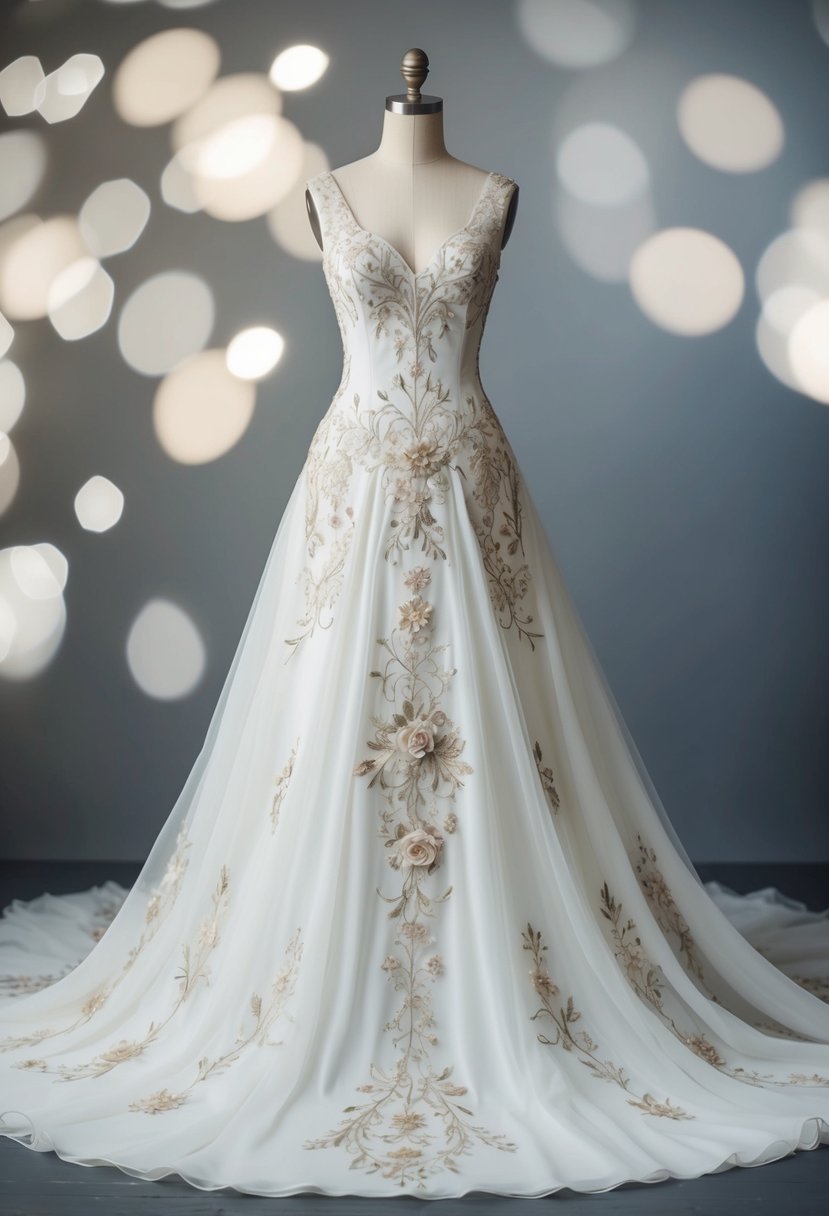 A delicate, flowing wedding dress adorned with intricate Art Nouveau floral embroidery cascades down from a mannequin, evoking the elegance of 19th century bridal fashion