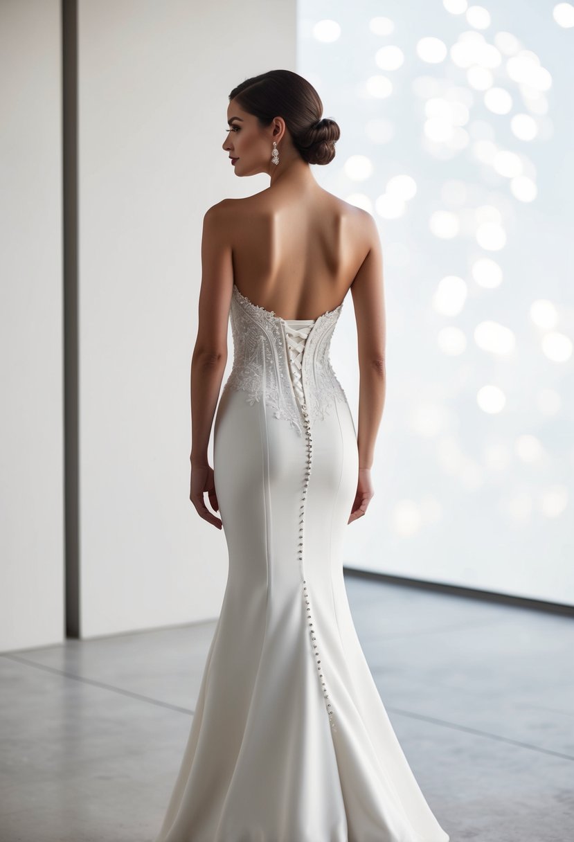 A sleek, tight-fitted wedding dress with a modern corset-back design, featuring intricate lace and beading details, set against a minimalist backdrop