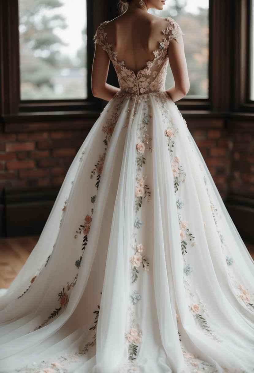 A flowing wedding dress adorned with delicate floral embroidery in soft pastel colors