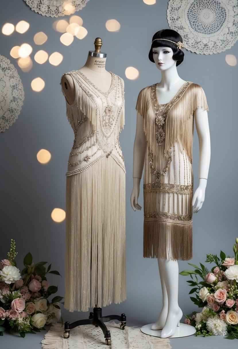 A 1920s flapper stands beside a mannequin wearing a fringed 19th century wedding dress, surrounded by vintage lace and floral accents