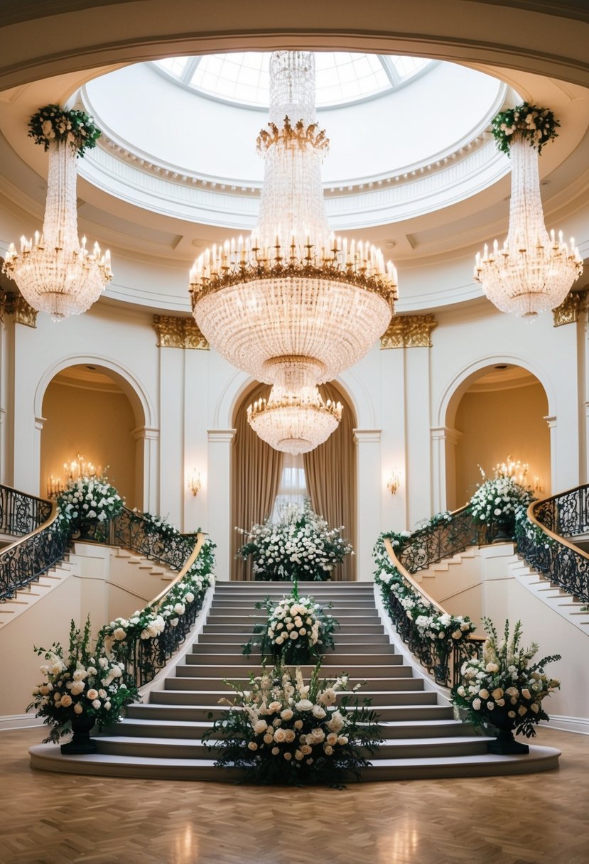 A grand ballroom with ornate chandeliers, a sweeping staircase, and opulent floral arrangements