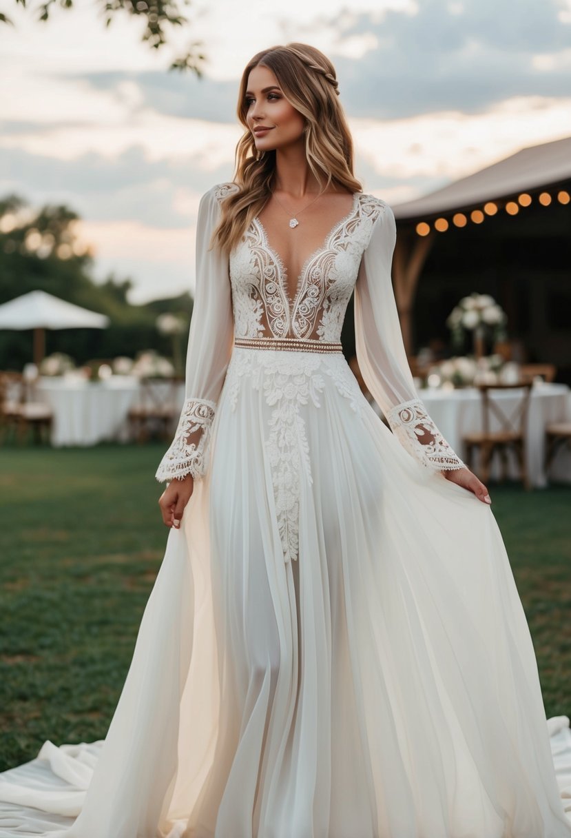 A flowing, bohemian-style wedding dress with intricate lace accents and embroidery, set against a backdrop of a rustic outdoor wedding venue