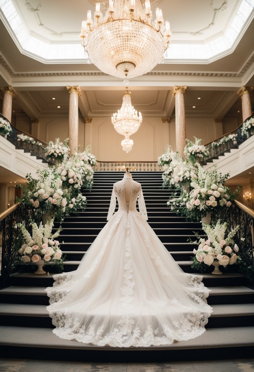 A grand ballroom with ornate chandeliers and a sweeping staircase. A vintage wedding dress with lace and tulle, surrounded by opulent floral arrangements