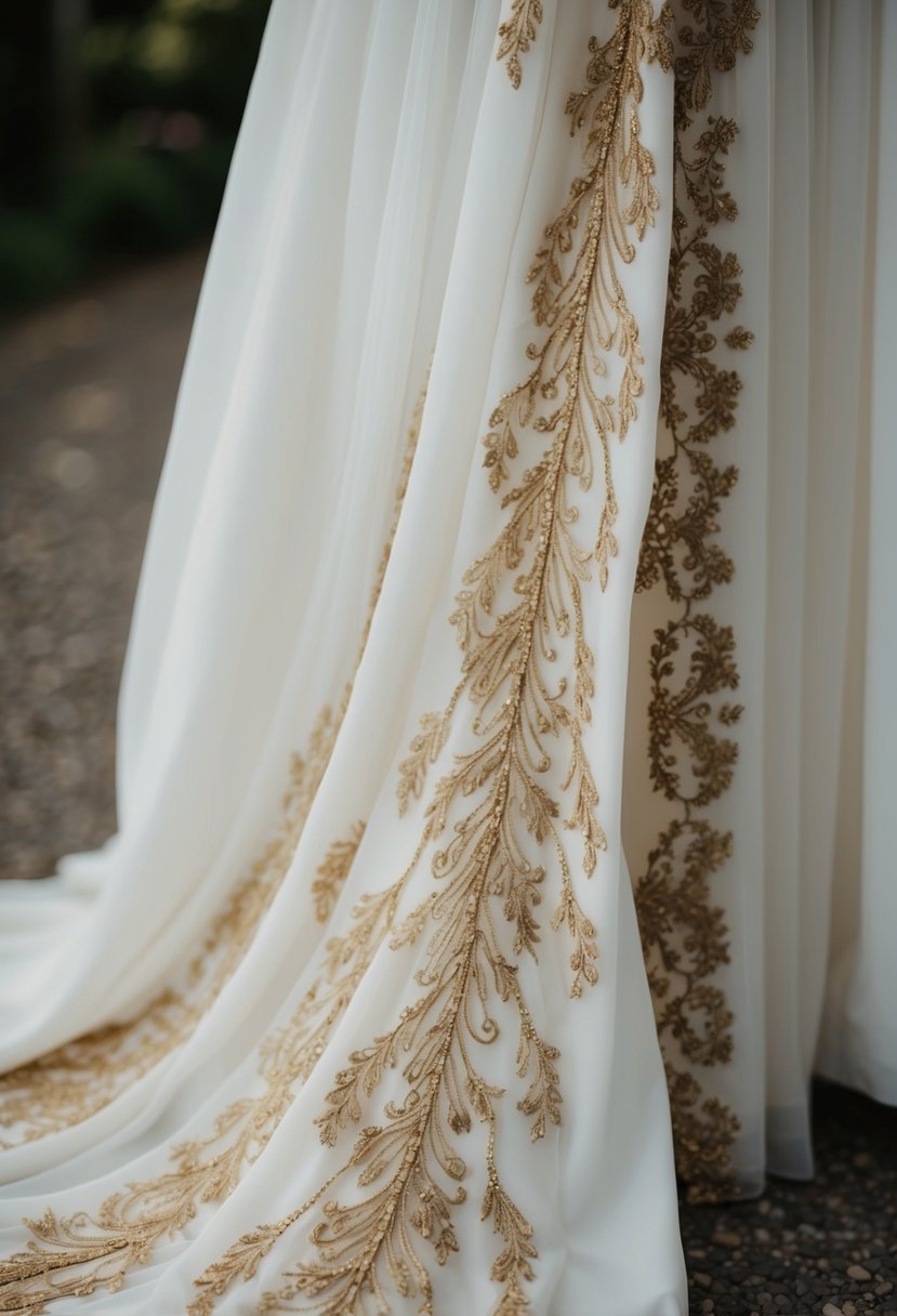 A vintage-inspired wedding dress with intricate gold thread patterns cascading down the flowing fabric, creating a sense of timeless elegance and romance