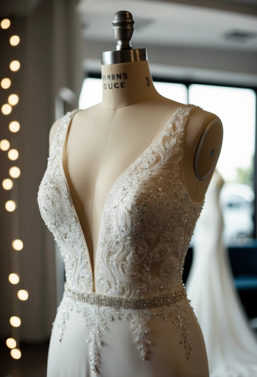 A sleek, plunging V-neck wedding dress adorned with intricate lace and sparkling beadwork, hugging the curves of a mannequin