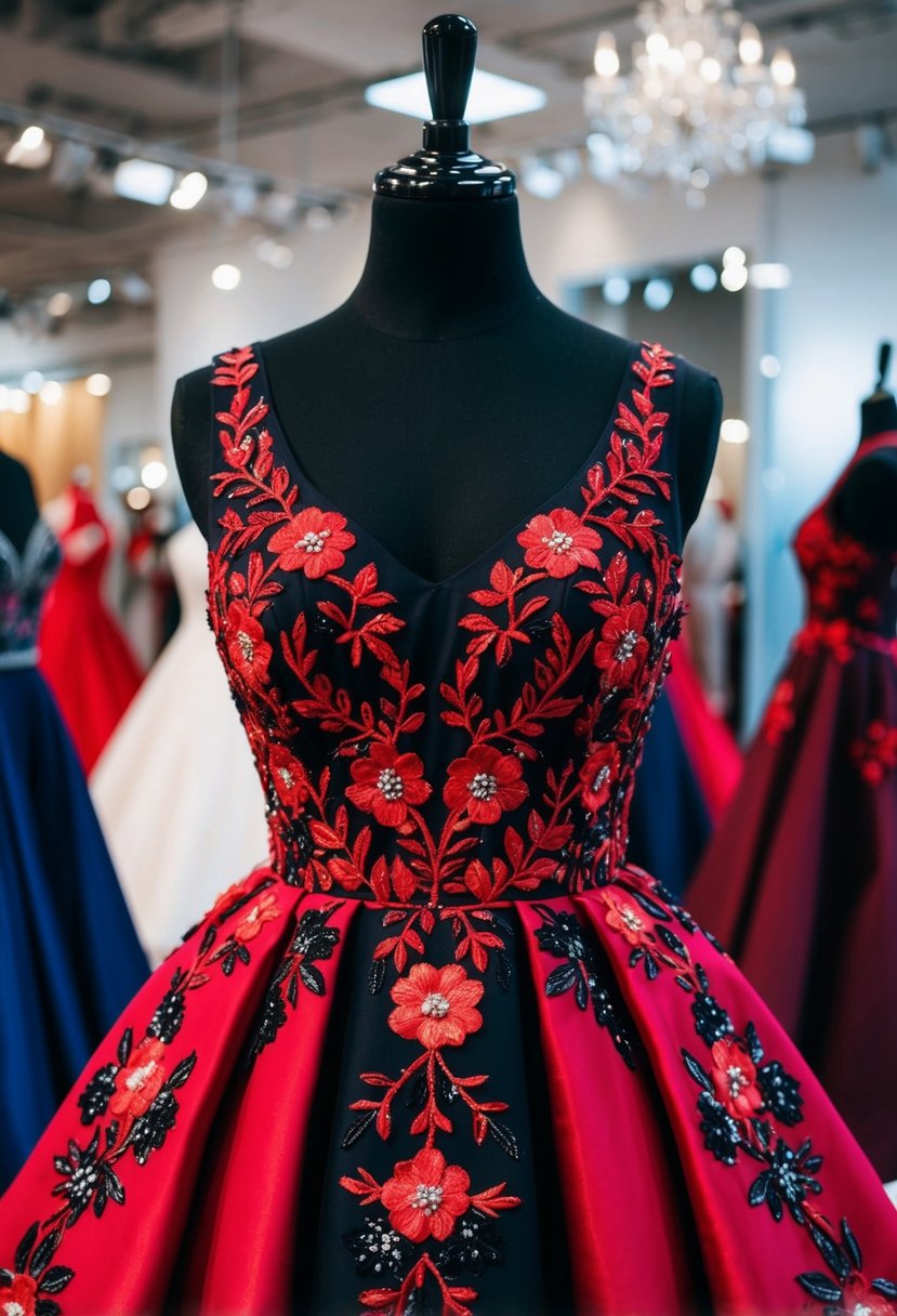 A bold red and black floral designs embroidery wedding dress displayed on a mannequin