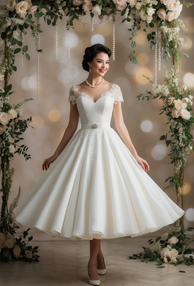 A bride twirls in a tea-length 1950s wedding dress, surrounded by vintage lace, pearls, and delicate floral details