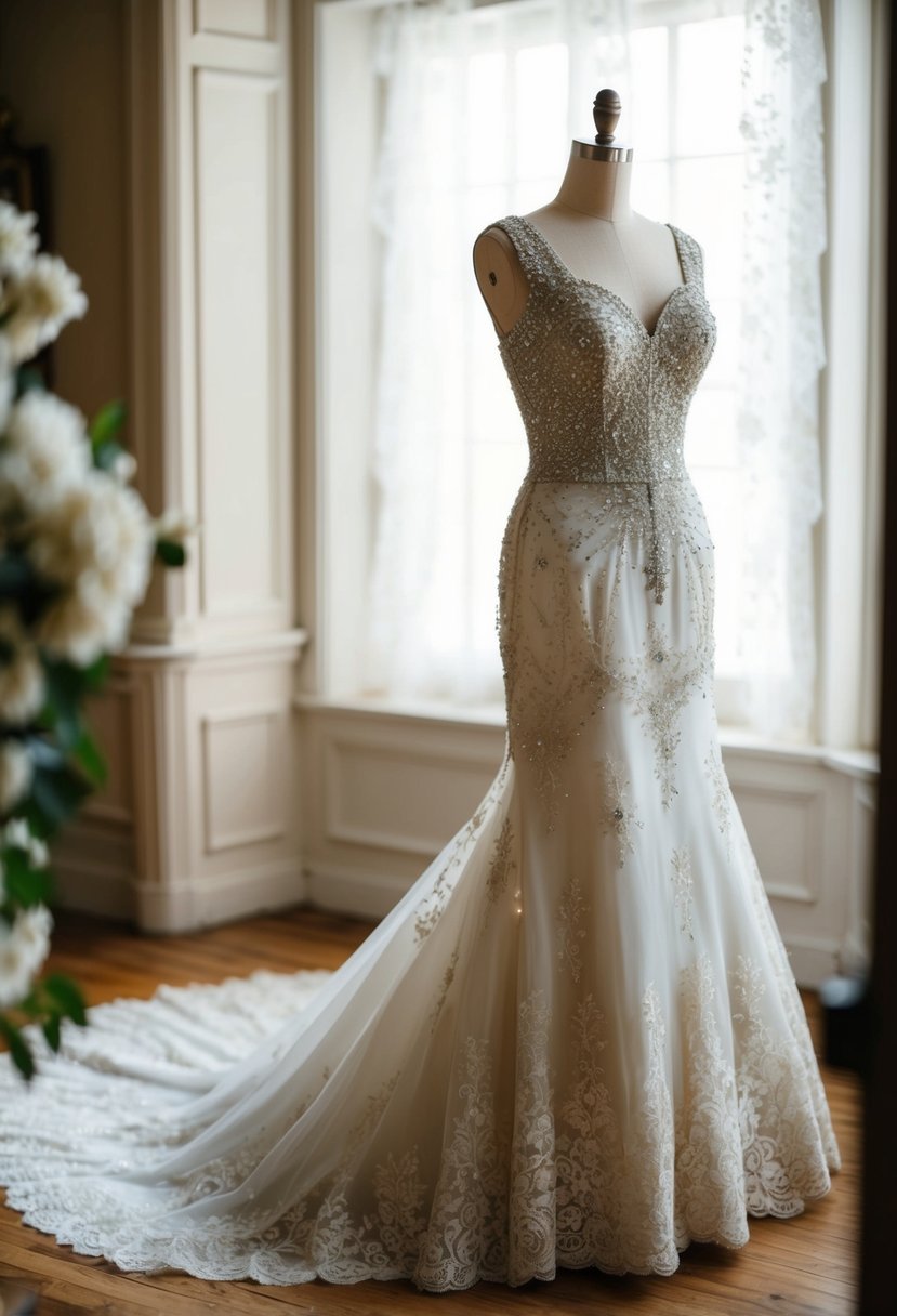 A vintage glam wedding dress with a beaded bodice, fitted silhouette, and intricate lace details cascading down the skirt