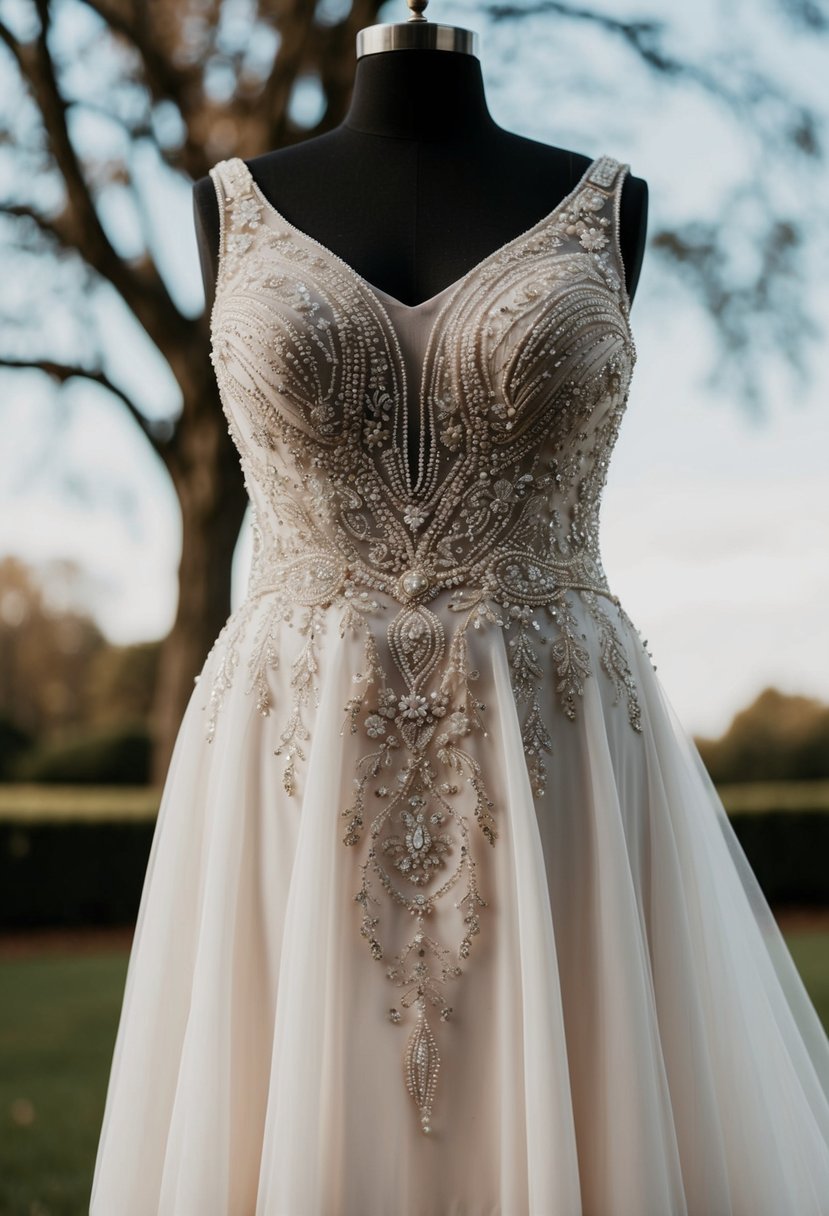 A wedding dress adorned with intricate beaded embroidery cascading down the flowing fabric