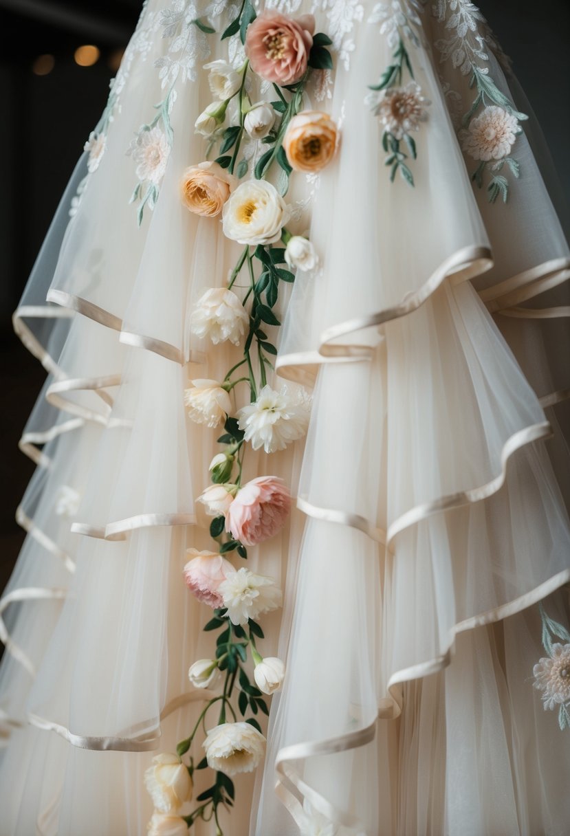 A delicate wedding dress with embroidered floral blooms cascading down layers of soft tulle