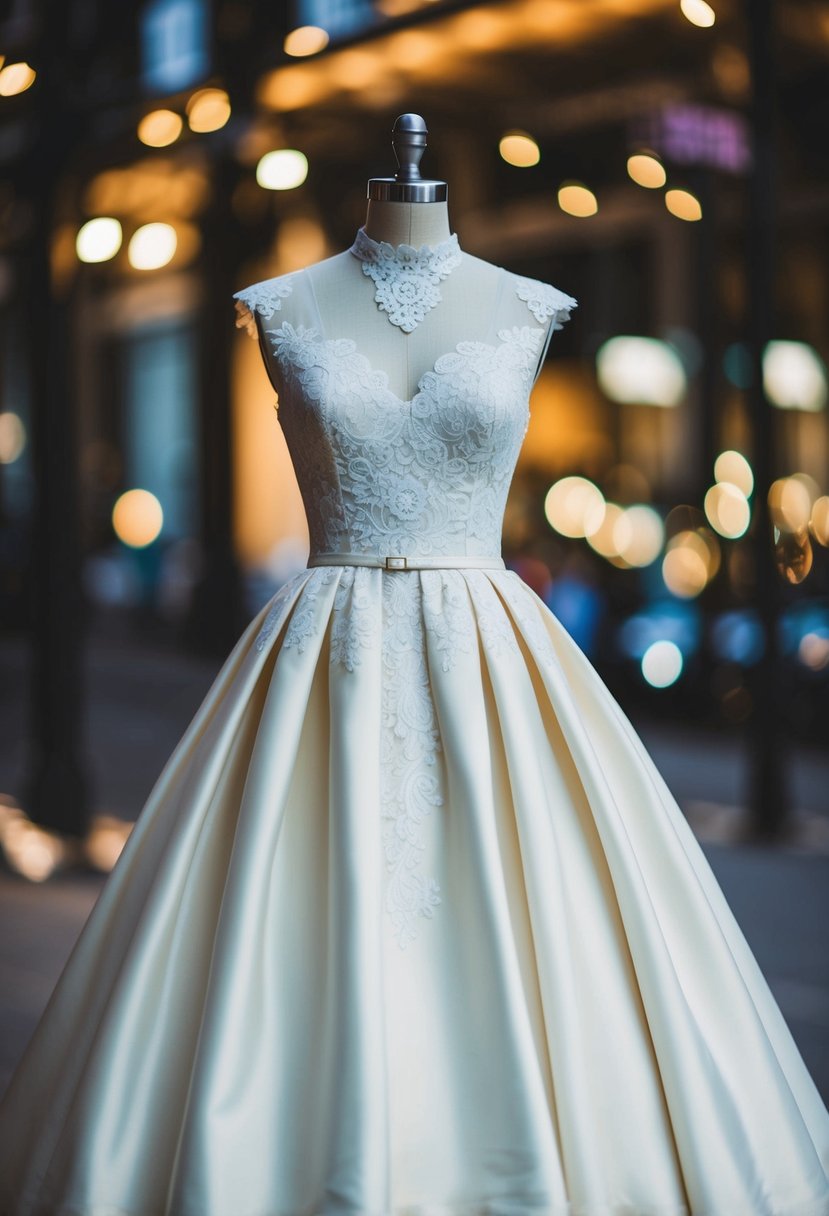 A 1960s mod A-line wedding dress with 19th-century influences, featuring high neck, lace details, and a full skirt