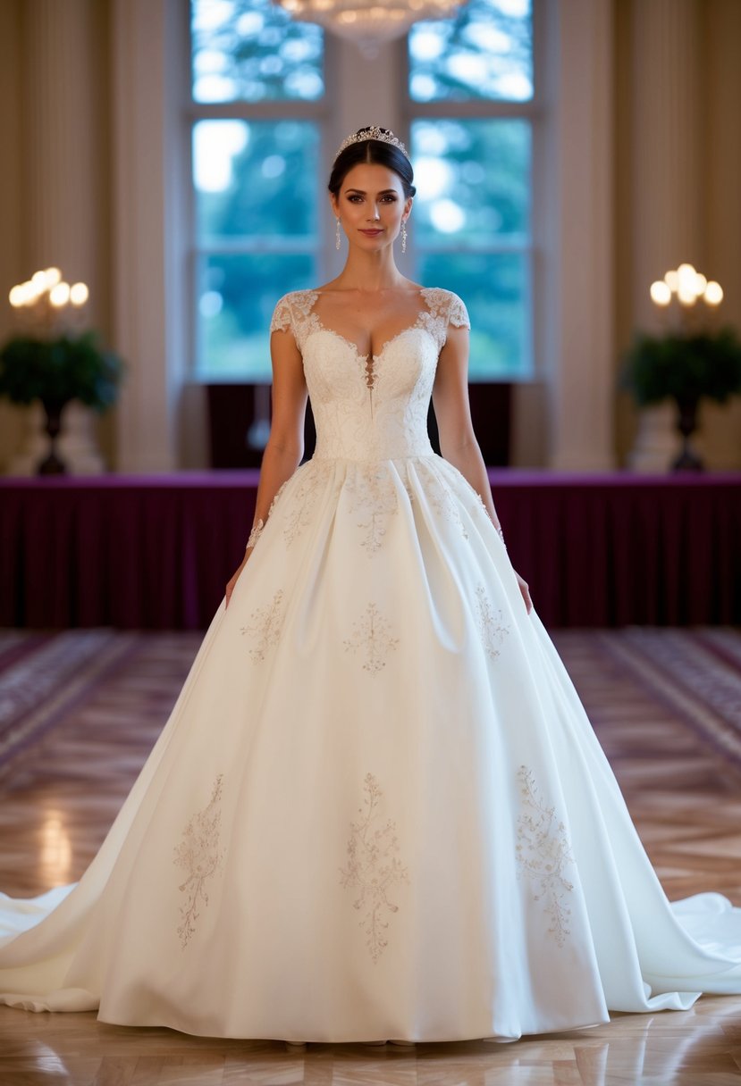 A bride stands in a grand ballroom wearing a flowing empire waist Regency style wedding dress, adorned with delicate lace and elegant embroidery