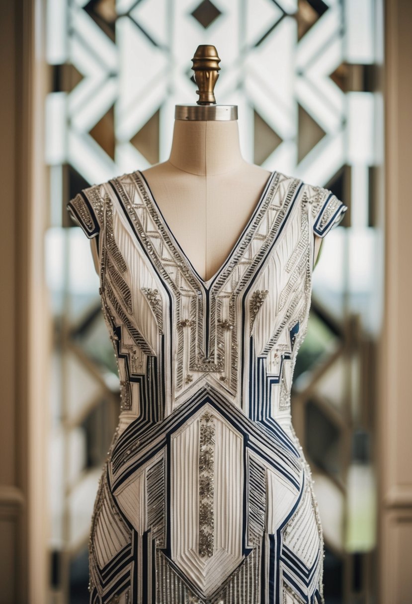 An Art Deco geometric embroidery wedding dress with intricate patterns and bold lines, inspired by the 1920s era