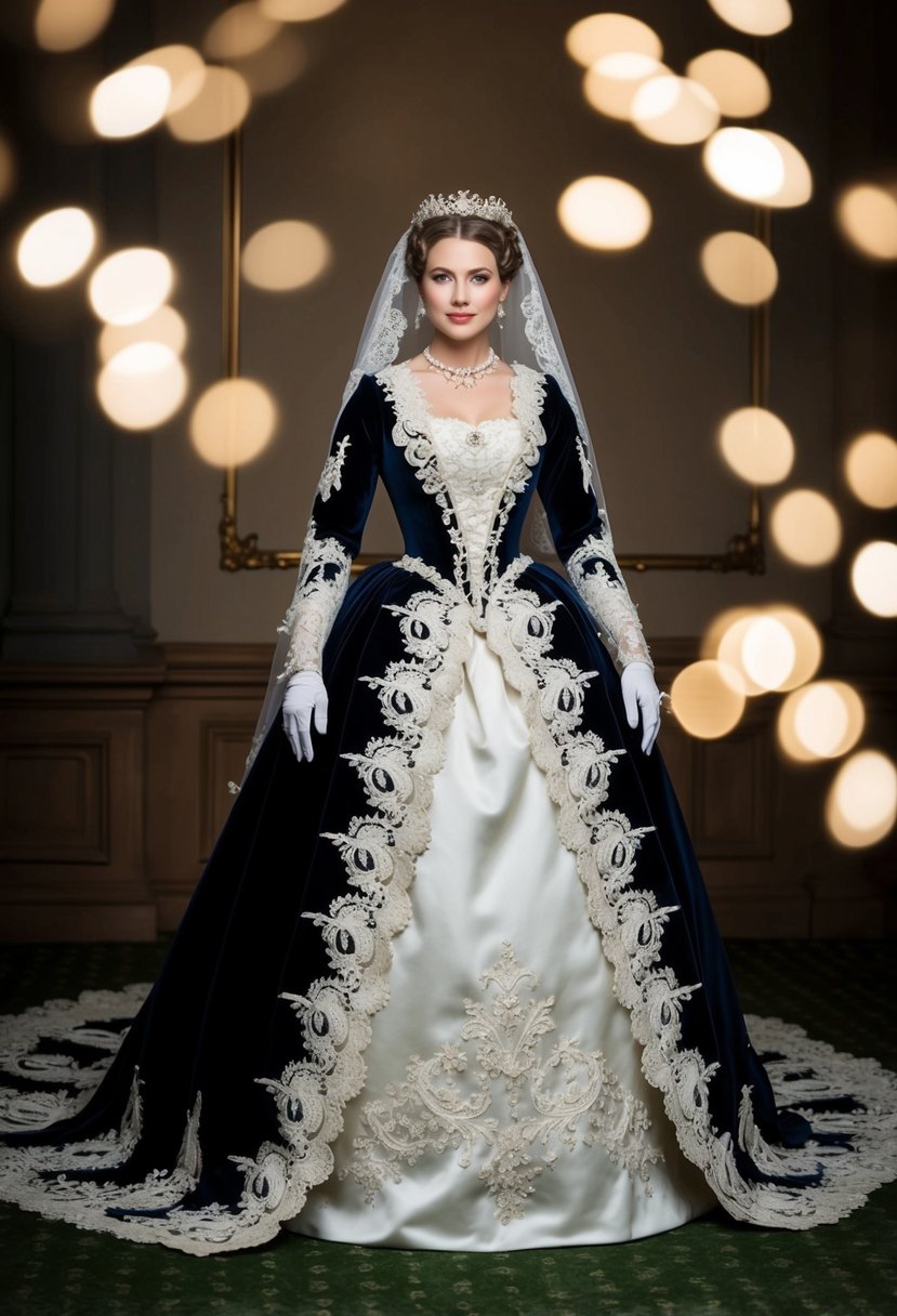 A grand 19th century wedding dress with intricate medieval velvet design, adorned with delicate lace and pearl accents