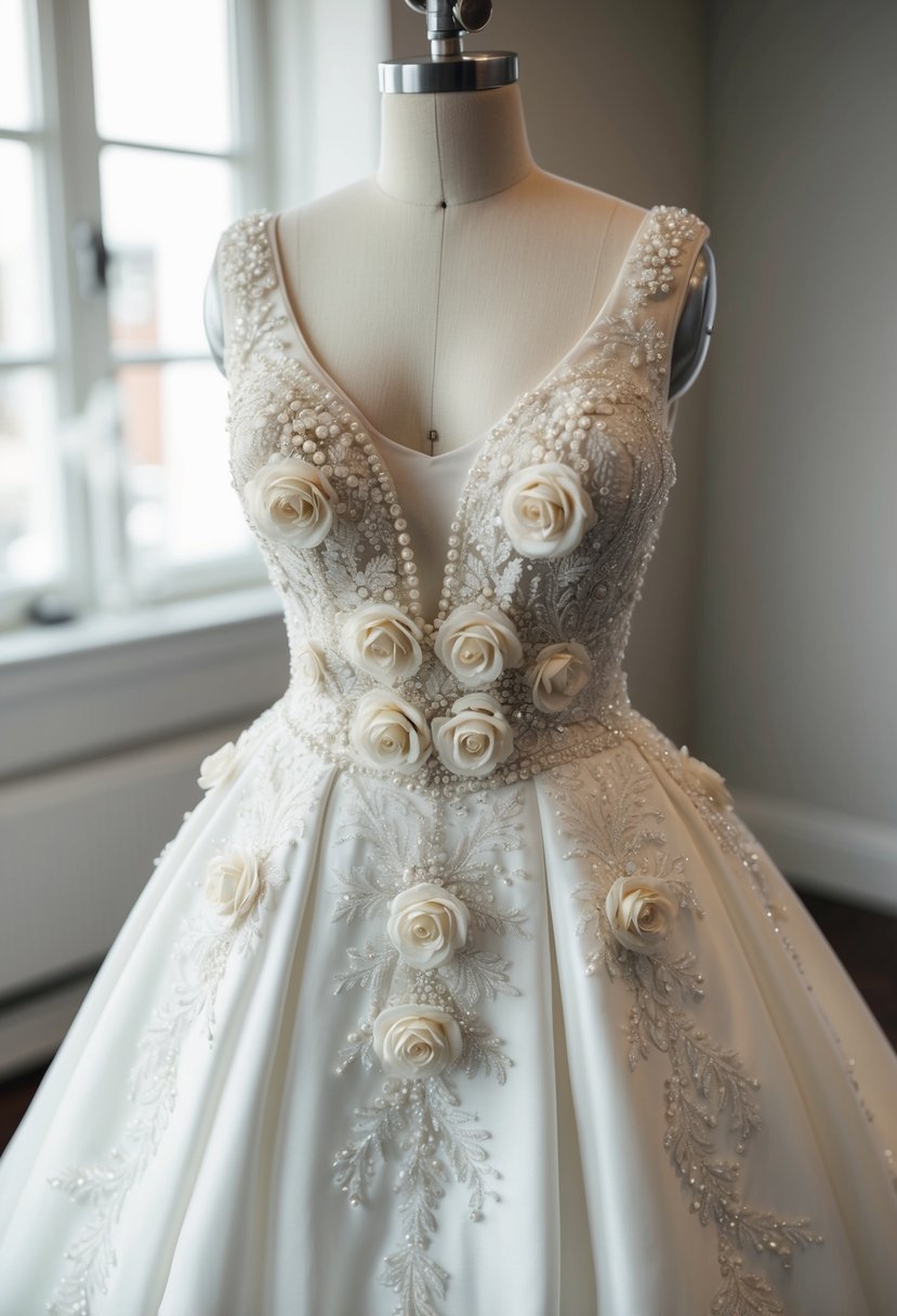 A wedding dress with intricate rose and pearl embroidery cascading down the bodice and trailing onto the skirt