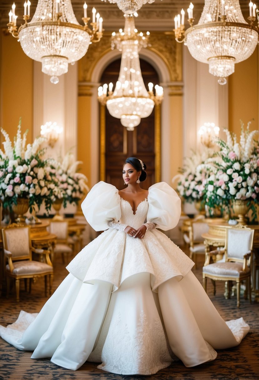 A grand ballroom with ornate chandeliers, a bride in a voluminous white gown with intricate lace and exaggerated puff sleeves, surrounded by opulent floral arrangements and elegant antique furniture