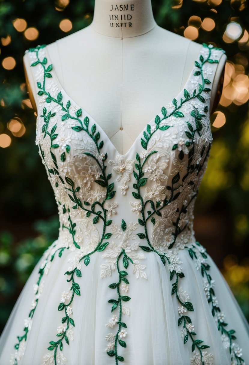 A wedding dress adorned with intricate jasmine vine embroidery patterns