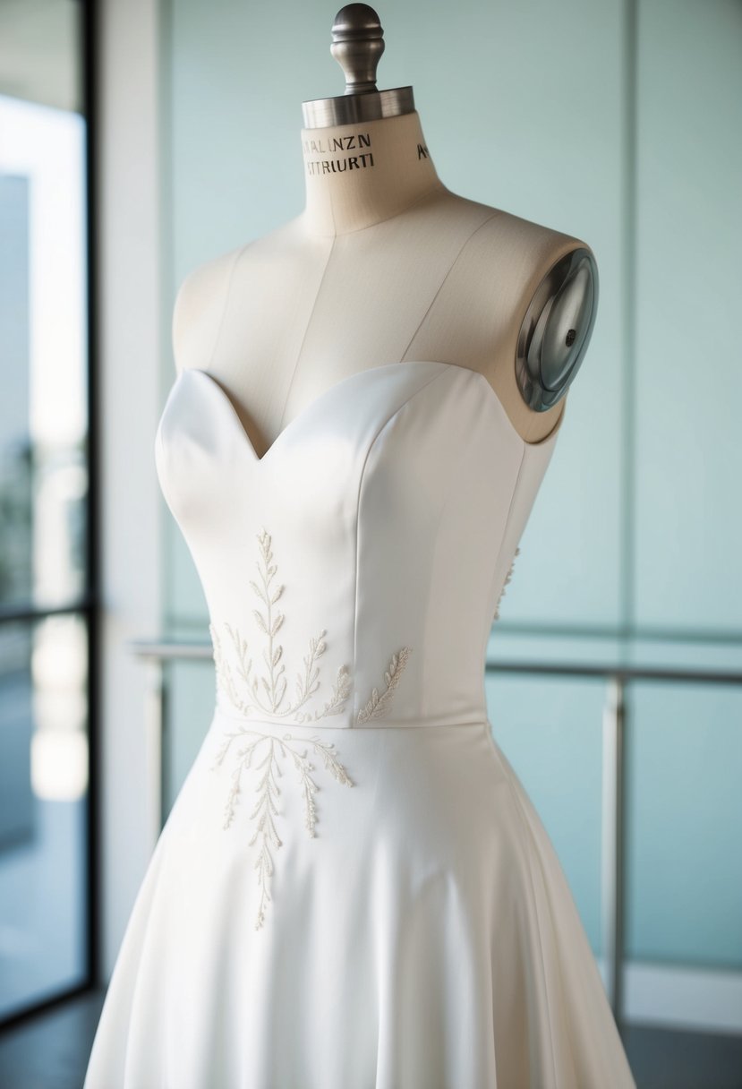 A sleek, white-on-white wedding dress with minimalist embroidery, set against a clean, modern background