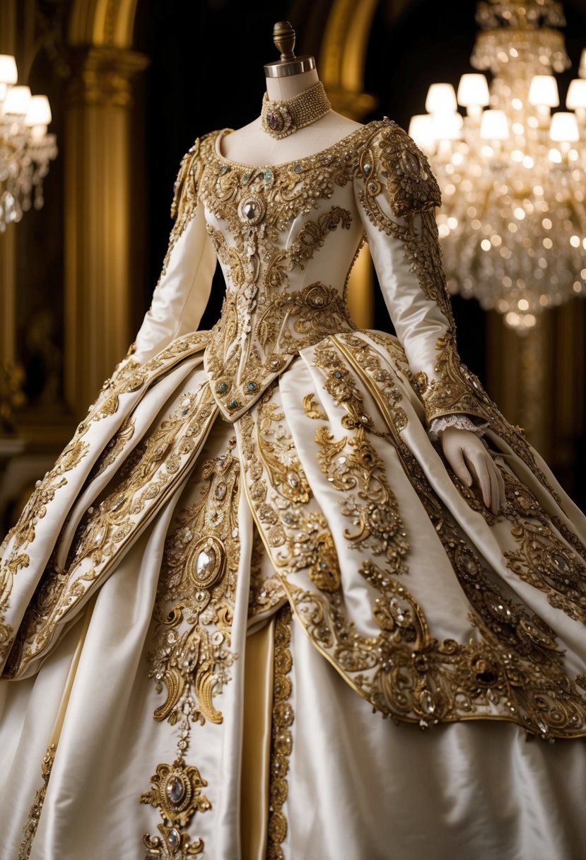 A lavish 19th century wedding dress adorned with intricate baroque gold embellishments, cascading in opulent layers of fabric