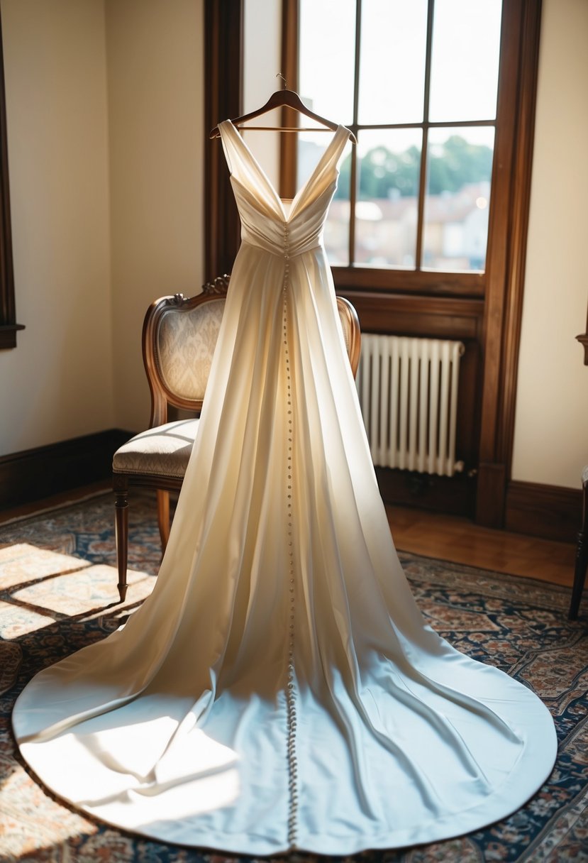 A flowing silk wedding dress draped over a vintage wooden chair in a sunlit room