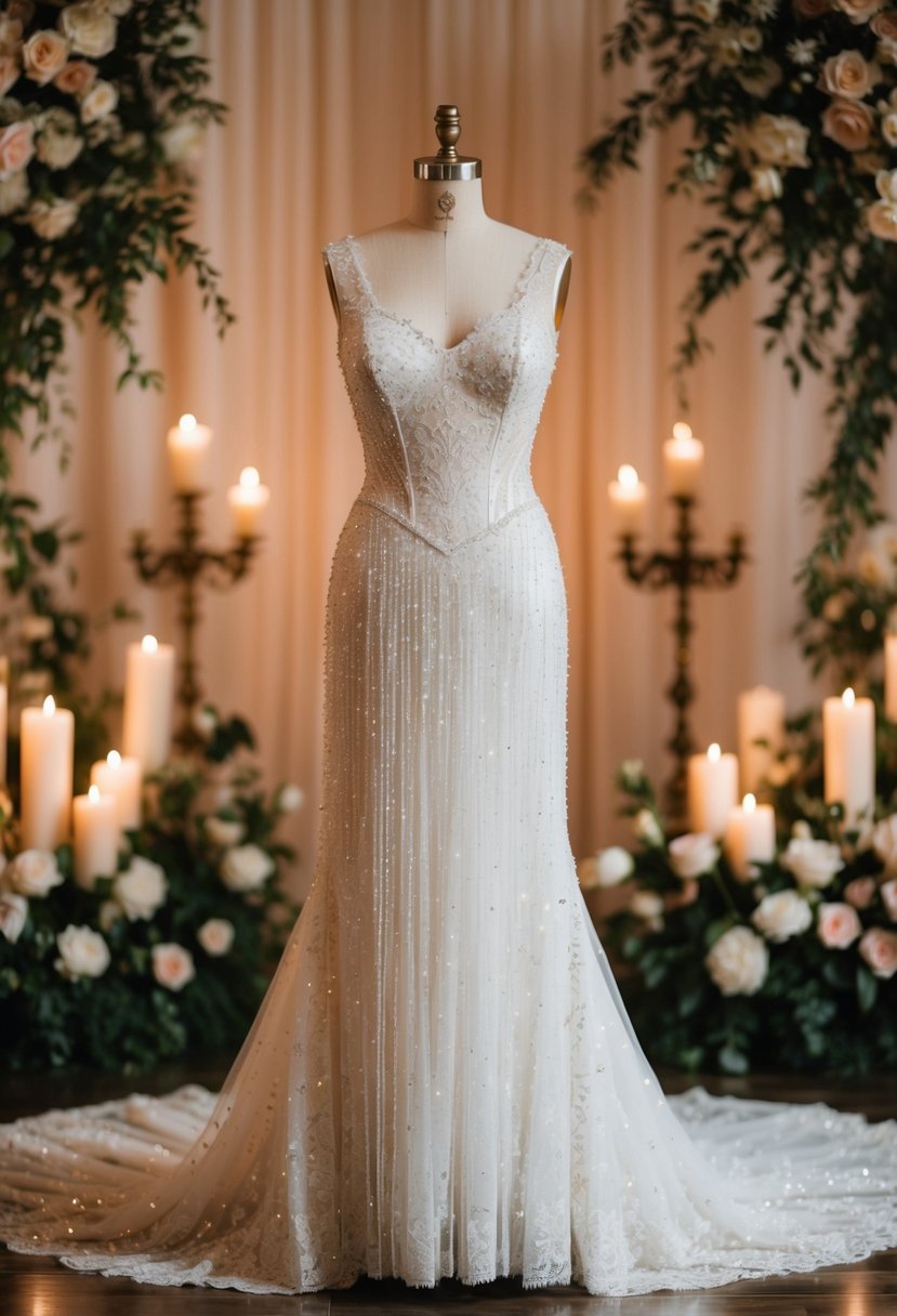 A shimmering 19th century wedding dress adorned with cascading sequins and delicate lace, set against a backdrop of opulent floral arrangements and vintage candlelight