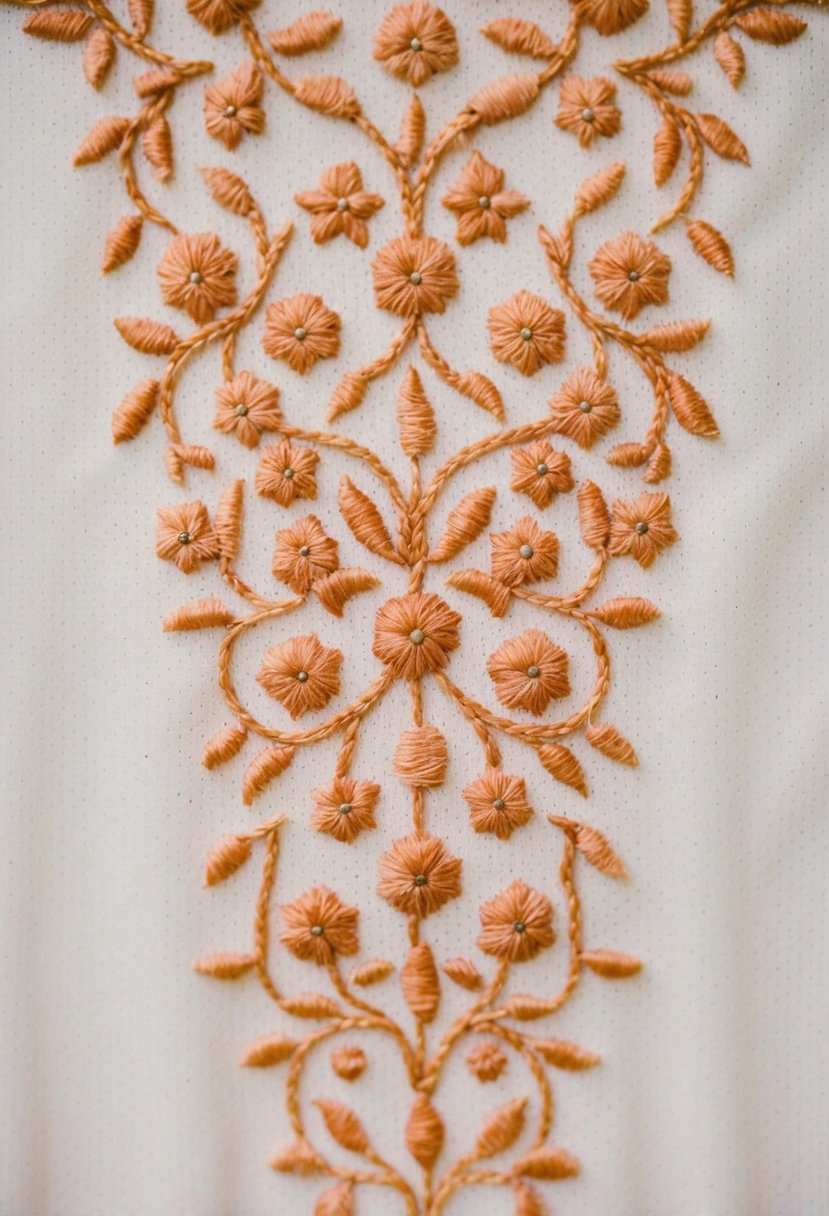 Peach embroidery cascades down a dotted background, creating a delicate and elegant pattern for a wedding dress design