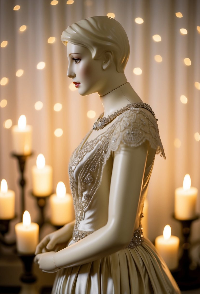 A mannequin adorned in an elegant vintage silk gown, draped with delicate lace and intricate beading, set against a backdrop of soft candlelight