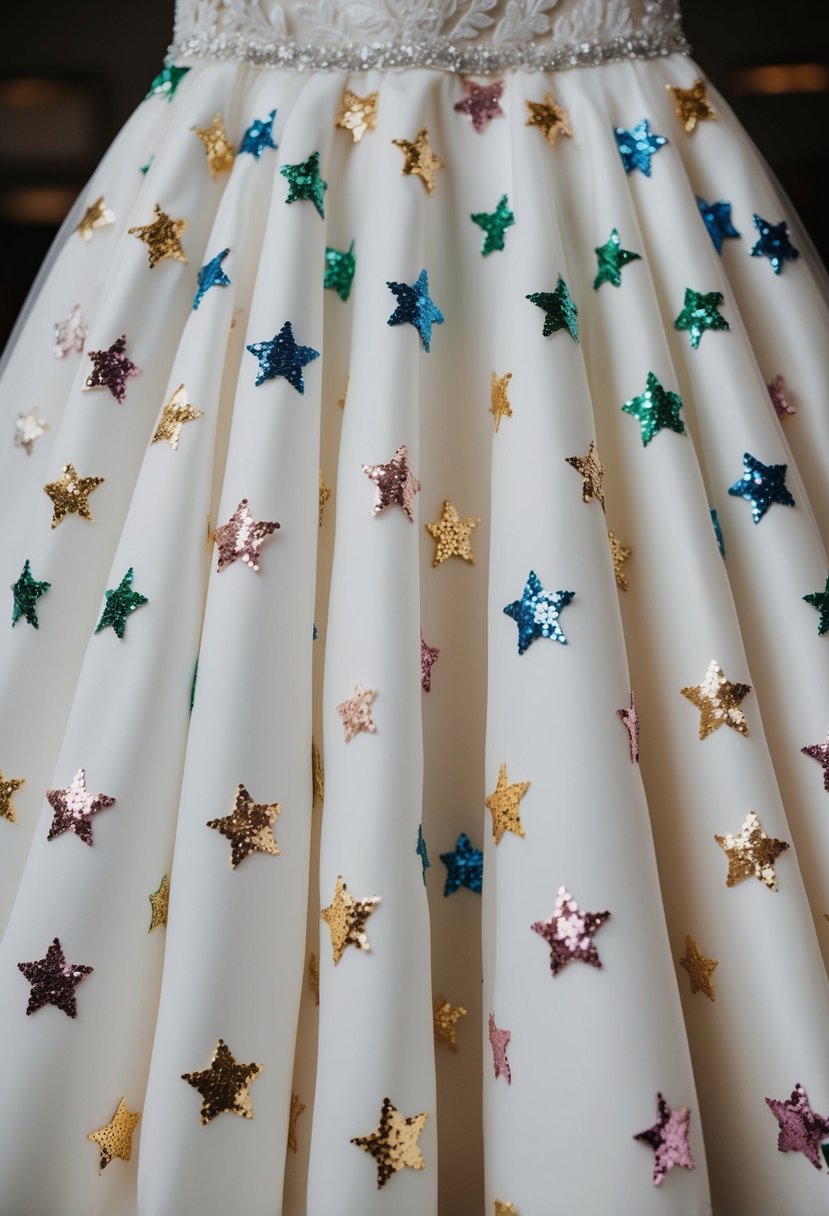 Multicolored sequined stars scattered across a flowing wedding dress, catching the light and adding a touch of glamour to the design