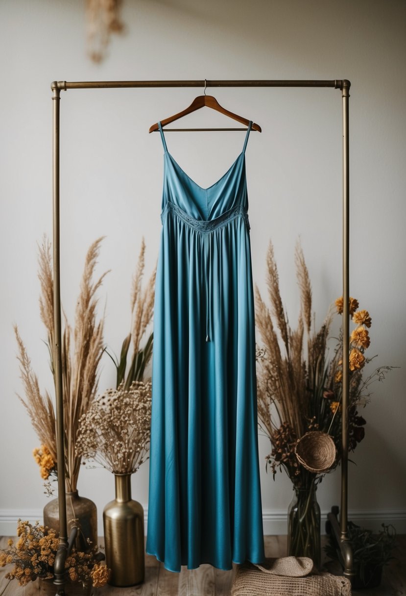 A flowing silk slip dress hangs from a vintage brass clothing rack, surrounded by bohemian accessories and dried wildflowers