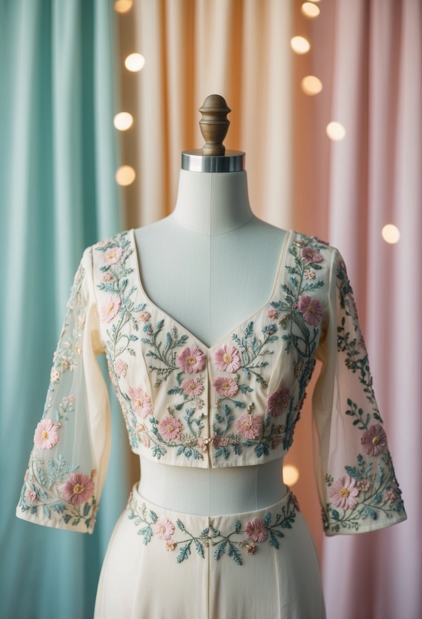 A delicate two-piece set with intricate floral embroidery, displayed on a mannequin against a soft, pastel backdrop