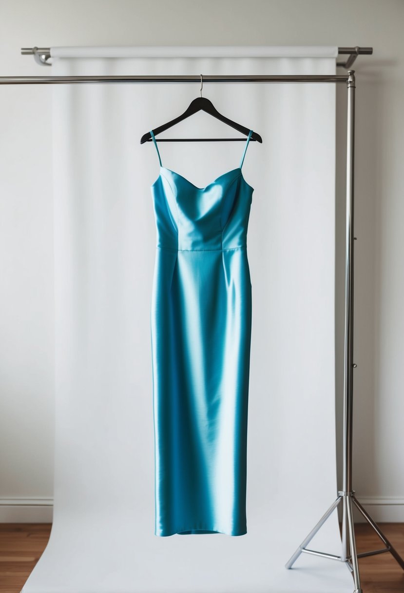 A sleek, floor-length silk sheath dress hanging on a minimalist metal hanger against a plain white backdrop