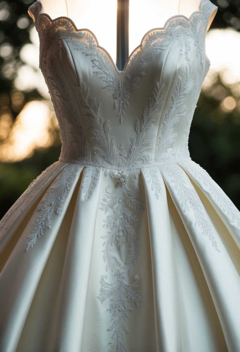 A wedding dress with scalloped necklines and intricate satin stitch embroidery cascading down the bodice and skirt