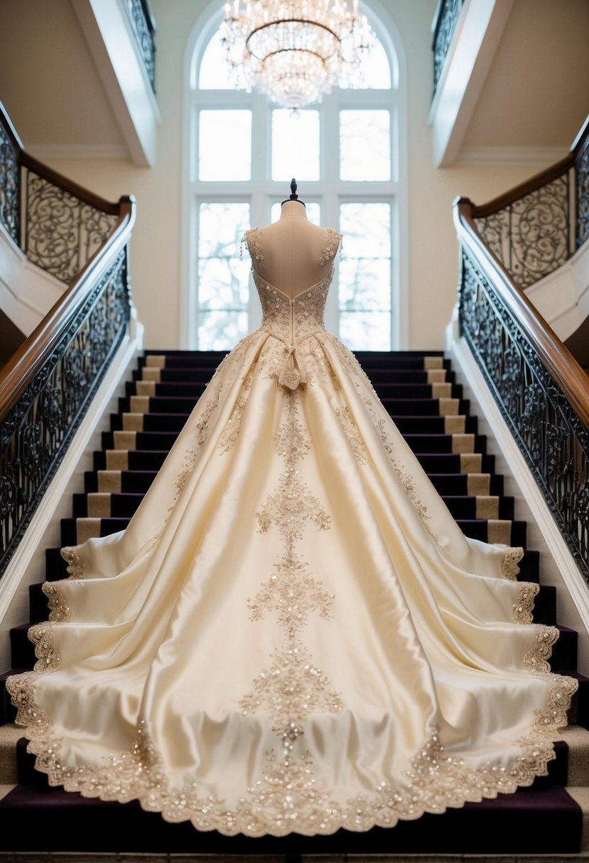 A luxurious silk ballgown cascading down a grand staircase, adorned with intricate lace and sparkling embellishments