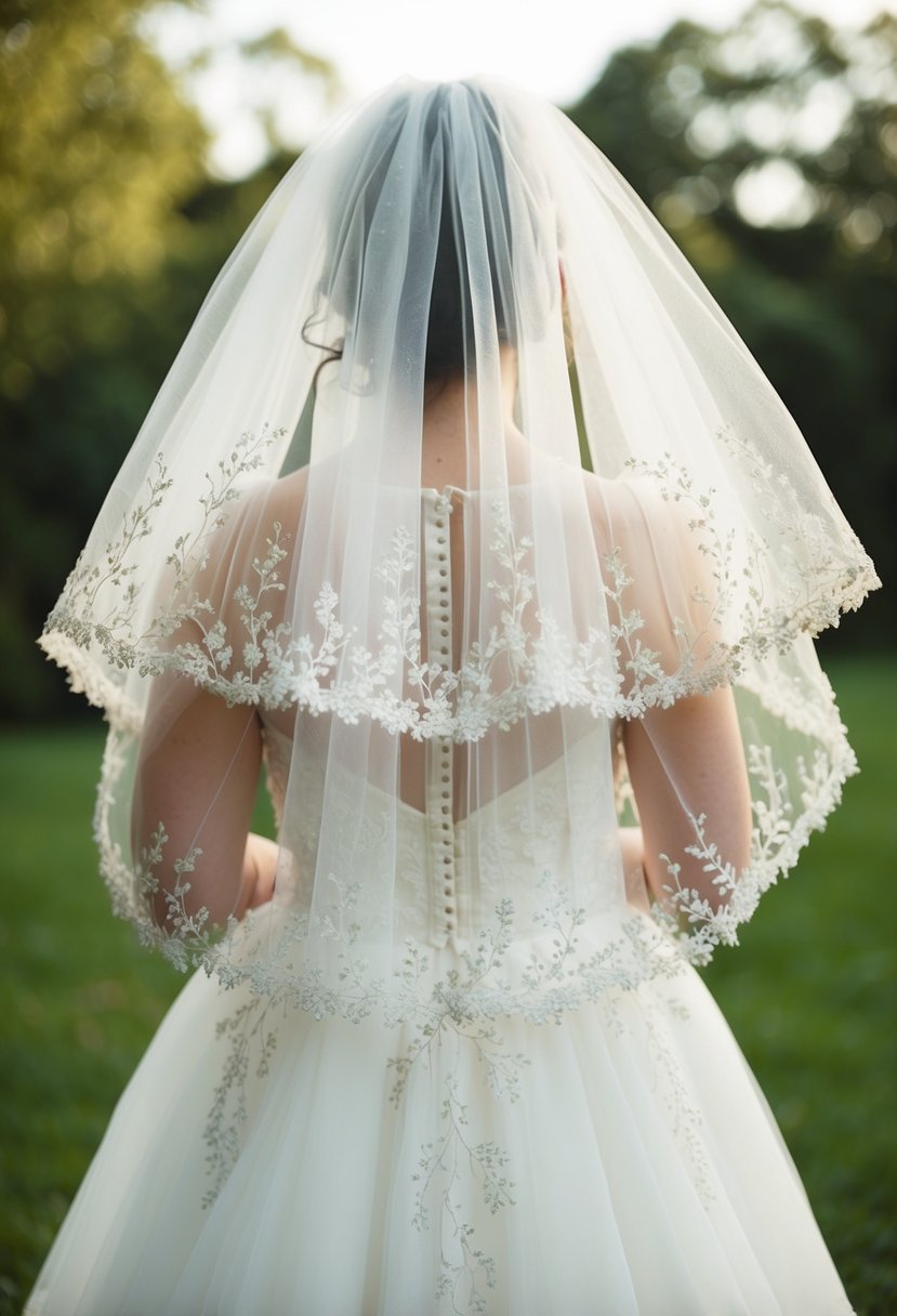 A bridal veil cascades over a delicate wedding dress adorned with dainty vines embroidery, creating a romantic and ethereal scene