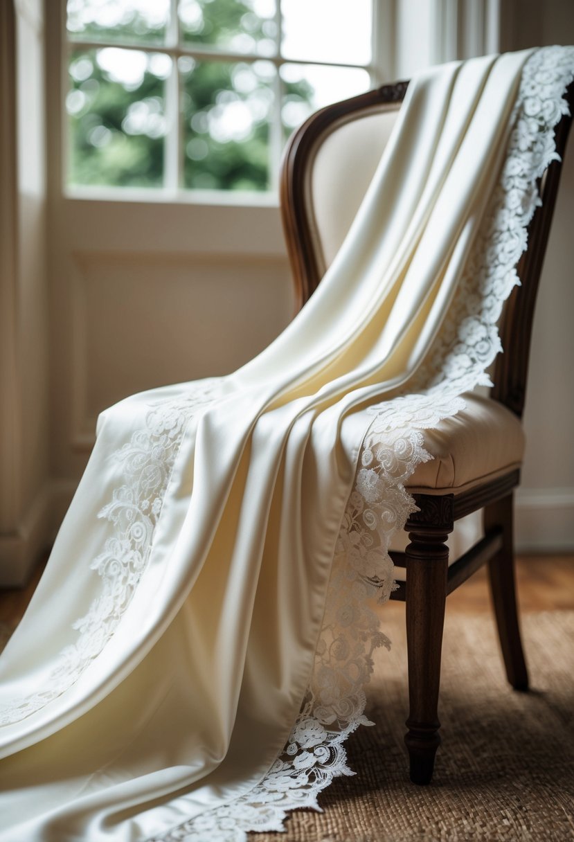 A flowing silk wedding dress with delicate lace accents draped over a vintage wooden chair