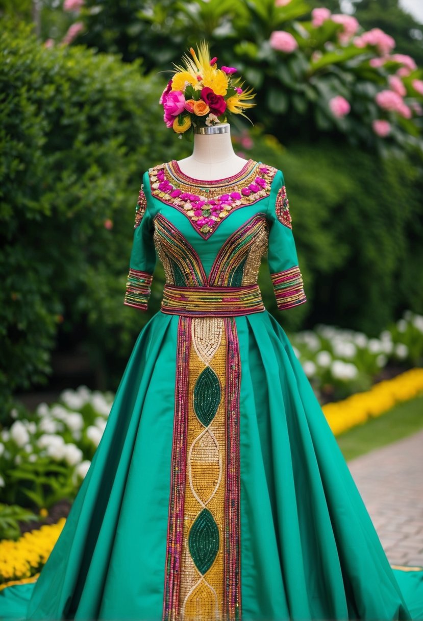 A traditional Nigerian wedding dress with vibrant colors and intricate beadwork, set against a backdrop of lush greenery and blooming flowers