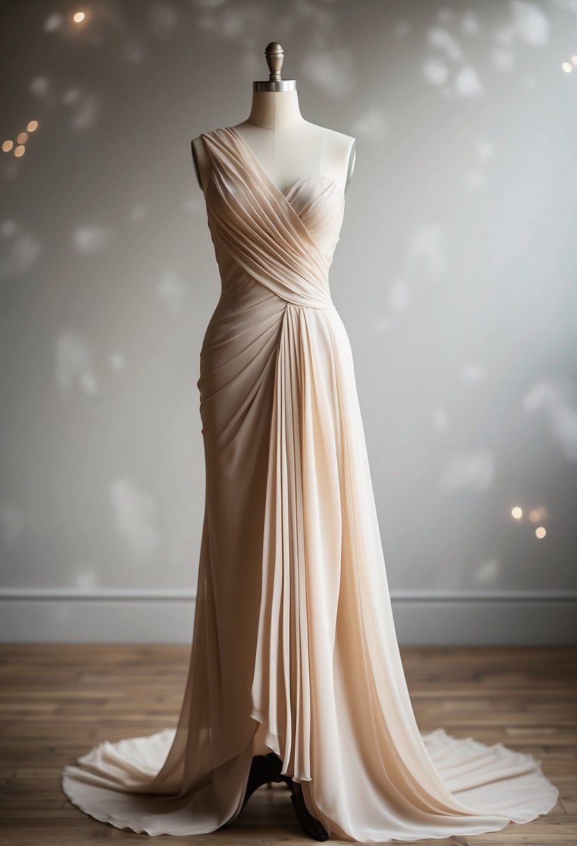 A flowing silk chiffon gown draped asymmetrically over a mannequin, with delicate pleats and a soft, ethereal quality