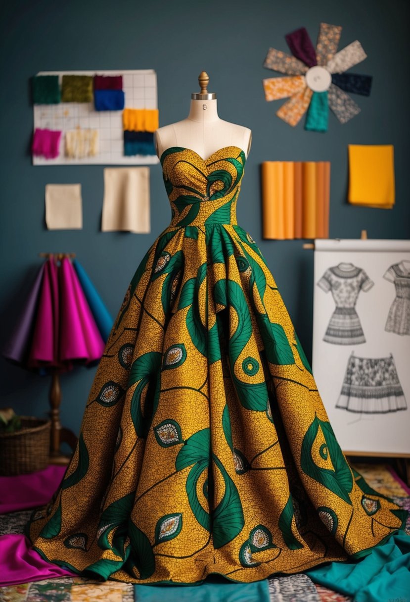 Ankara ball gown draped on a mannequin, surrounded by colorful fabric swatches and sketches of intricate designs