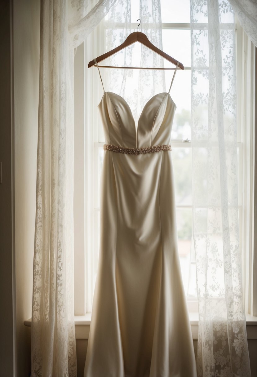 A bias-cut silk bridal dress hangs from a vintage wooden hanger, bathed in soft, natural light filtering through lace curtains