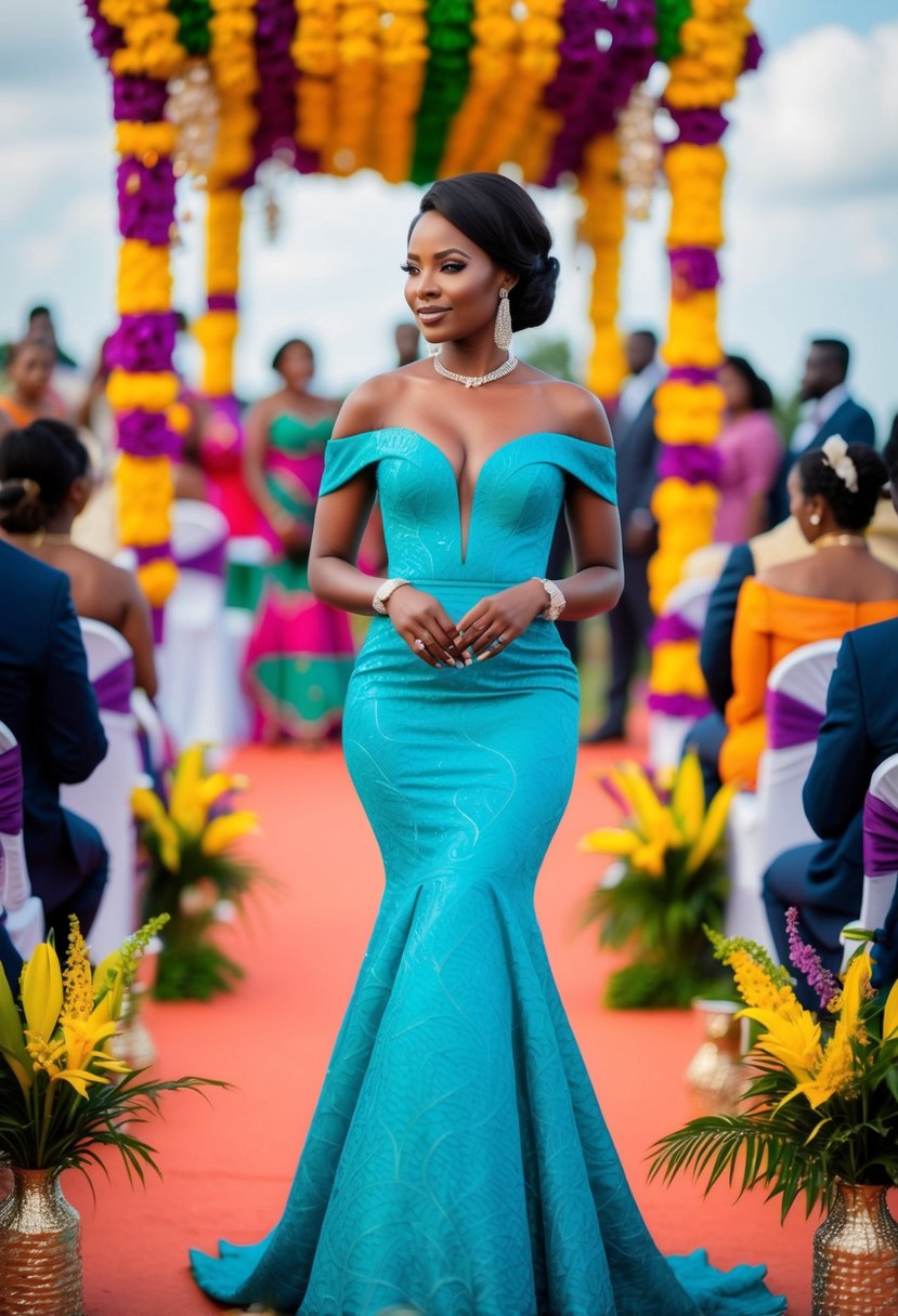 A woman stands in a chic off-shoulder mermaid dress, surrounded by vibrant Nigerian wedding decor